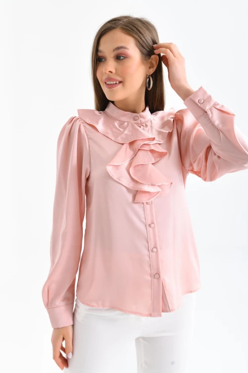 Kadın Pudra Hafif Dökümlü Volanlı Yaka Saten Gömlek
