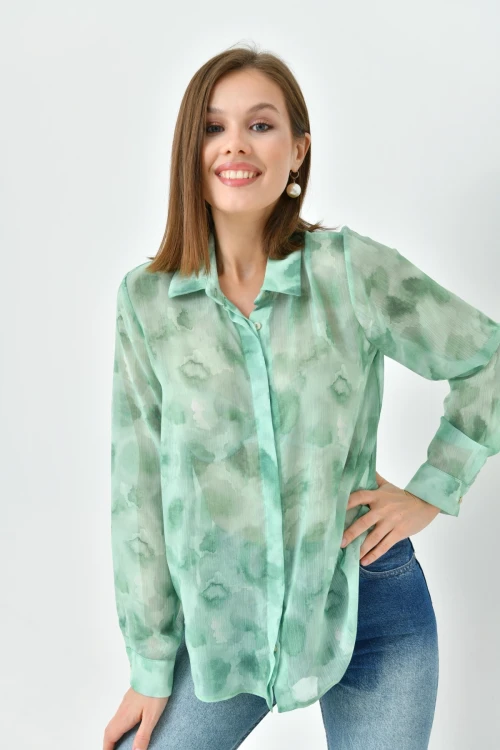 Uzun Kol Desenli Şifon Gömlek