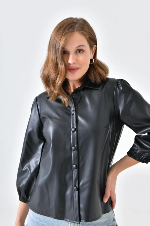 Kadın Deri Gömlek Kol Ucu Lastikli Düğmeli Cepsiz Deri Gömlek Haki - 10059