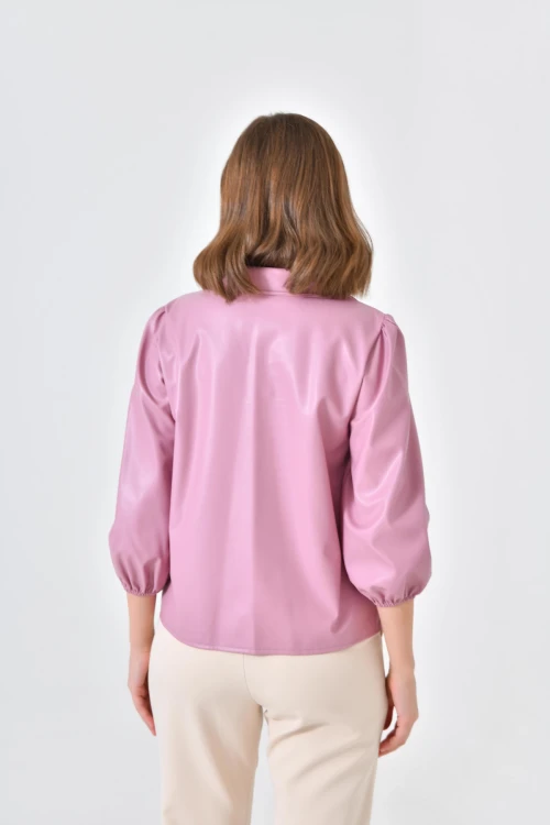 Kadın Deri Gömlek Kol Ucu Lastikli Düğmeli Cepsiz Deri Gömlek Pudra - 10059