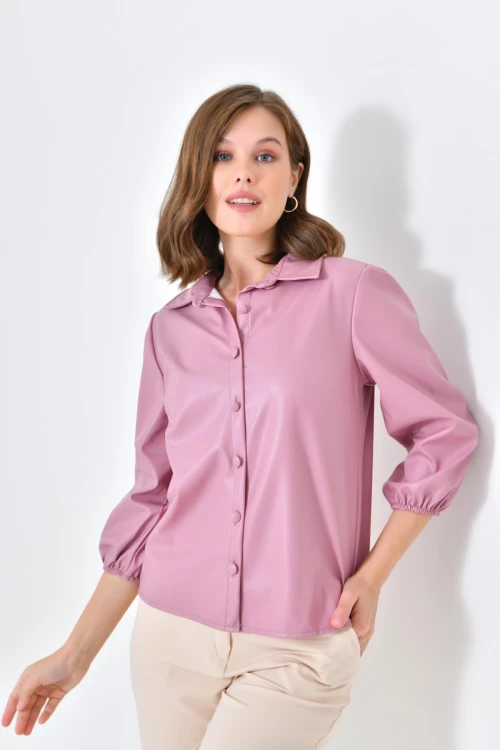 Kadın Deri Gömlek Kol Ucu Lastikli Düğmeli Cepsiz Deri Gömlek Pudra - 10059