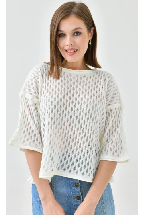 Kadın Kazak Bisiklet Yaka Kısa Kollu Delikli Desenli Kadın Kazak Kemik - 10720