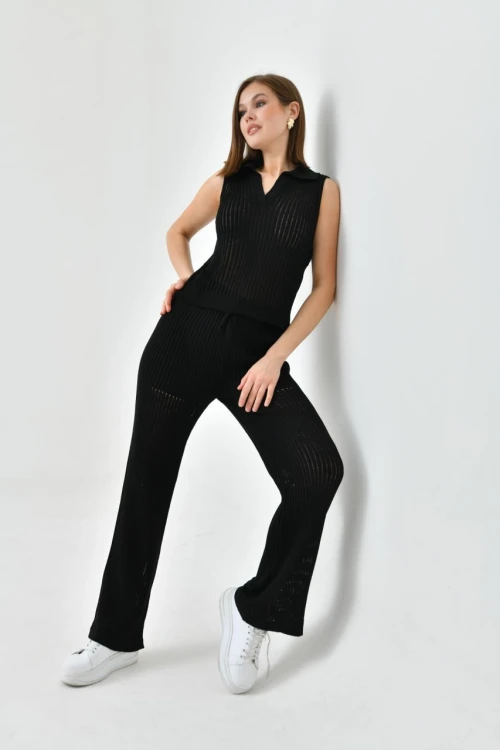 10722 SİYAH YAKALI KOLSUZ DELİKLİ ÇİZGİLİ PANTOLONLU TAKIM