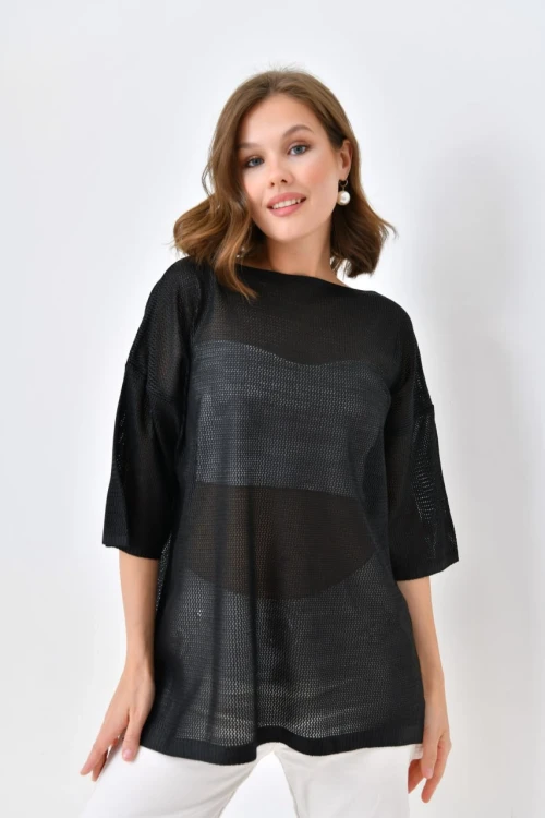 Kadın Kazak Bisiklet Yaka Kısa Kollu Delikli Kadın Kazak Siyah - 10763