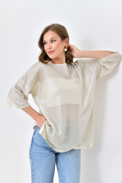 Kadın Kazak Bisiklet Yaka Kısa Kollu Delikli Kadın Kazak Kemik - 10763