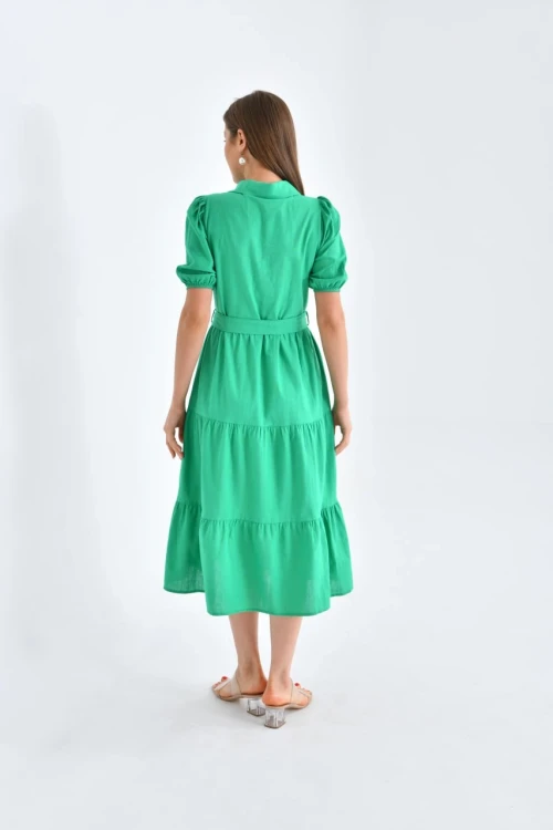 22133 B.YEŞİL YAKALI BALON KISA KOLKEMERLİ DİZ ALTI ELBİSE