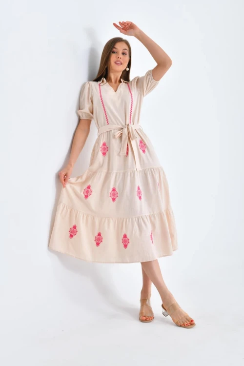 22133 BEJ YAKALI BALON KISA KOLKEMERLİ DİZ ALTI ELBİSE