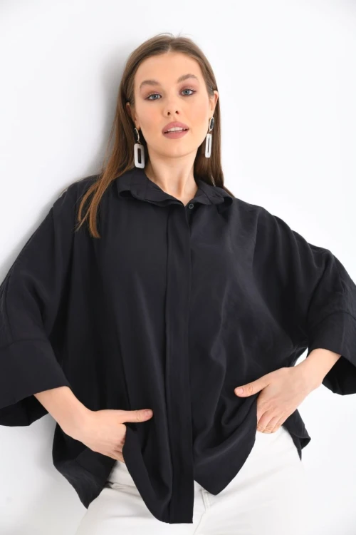 Kadın Gömlek Uzun ve Geniş Fakir Kol Düğmeli Kadın Gömlek Siyah - 23033