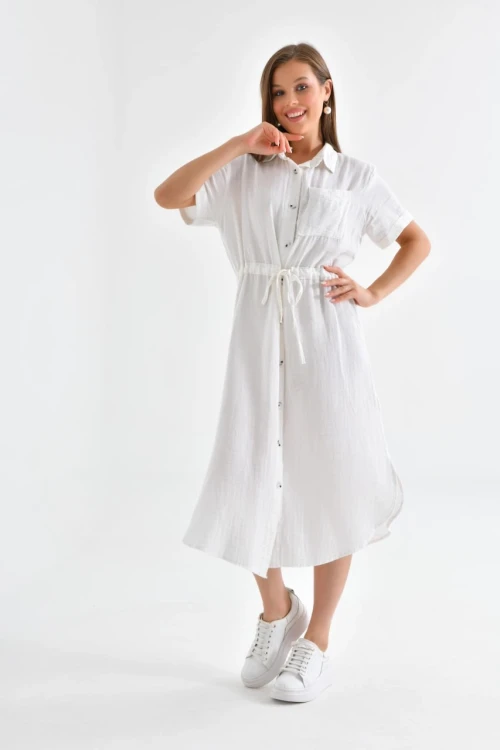 23109 KEMİK YAKALI BOYDAN DÜĞMELİ KISA KOLLU ASTARSIZ DİZ ALTI ELBİSE