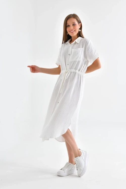 23117 TAŞ YAKALI BOYDAN DÜĞMELİKISA KOLLU CEPL, ASTARSIZ YIRTMAÇLI DİZ ALTI ELBİSE