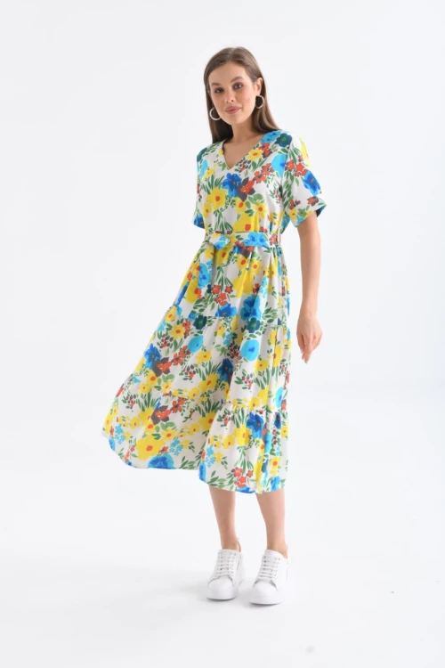 23122 SARI V YAKA KISA KOLLU ÇİÇEK DESENLİ UZUN BOY YIRTMAÇSIZ ELBİSE