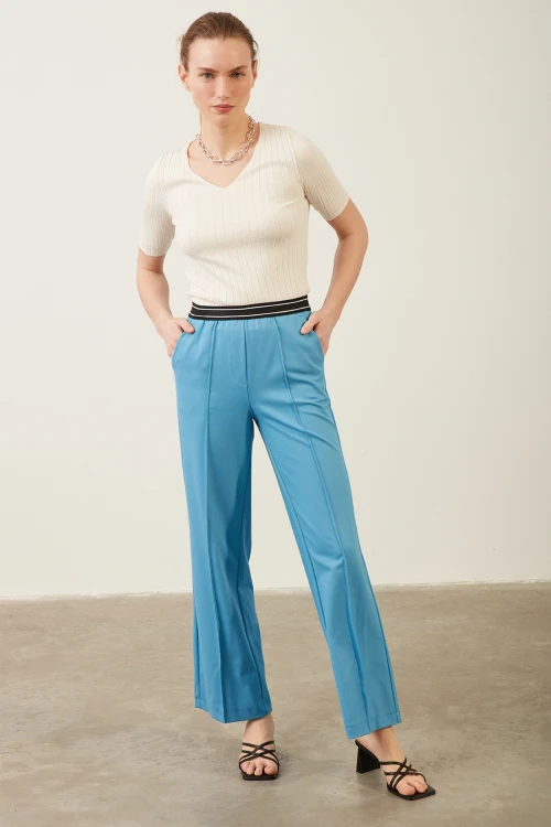 Kadın Pantolon Beli Lastikli Geniş Paça Pantolon Mavi - E044