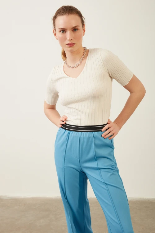 Kadın Pantolon Beli Lastikli Geniş Paça Pantolon Mavi - E044