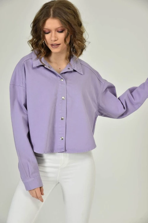 DEM001 LİLA YAKALI CEPSİZ ÇIT ÇIT DETAYLI KOT GÖMLEK