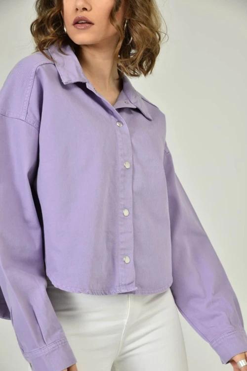 DEM001 LİLA YAKALI CEPSİZ ÇIT ÇIT DETAYLI KOT GÖMLEK