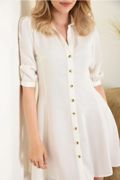 E045 BEYAZ YAKALI ÖN VE KOL DÜĞME DETAYLI KEMERLİ TEK RENK DİZ ALTI ELBİSE