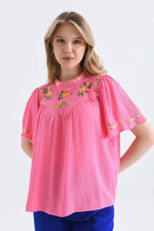 Bisiklet Yaka Nakış Detay Mendil Kol Salaş Bluz