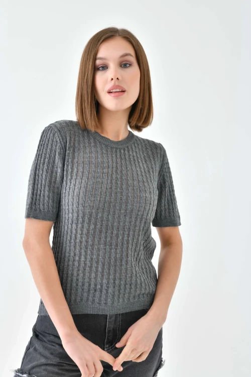 Kadın Antrasit Ajurlu Mevsimlik Triko Kazak