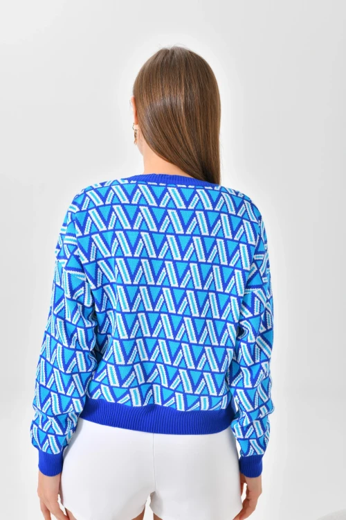 Kadın Kazak Bisiklet Yaka Desenli Kadın Kazak Saks - 224503