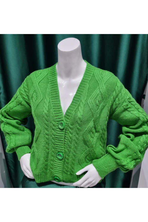 KADIN B.YEŞİL V YAKA ÖNDEN DÜĞMELİ DESENLİ ÖRME TRİKA CEKET