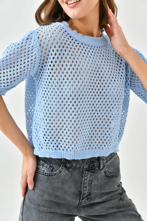 Kadın Bebe Mavi Ajurlu Mevsimlik Triko Kazak