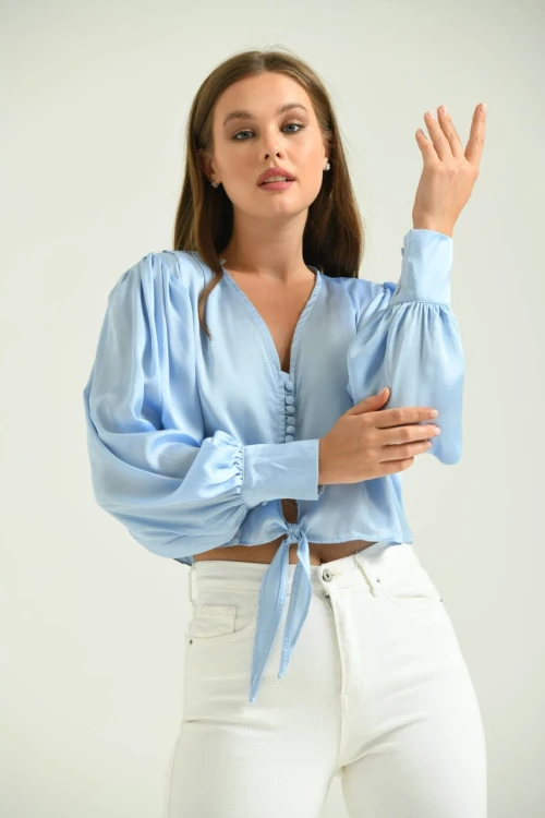 Kadın Gömlek Balon Kol Belden Bağlamalı Kadın Gömlek Mavi - T030
