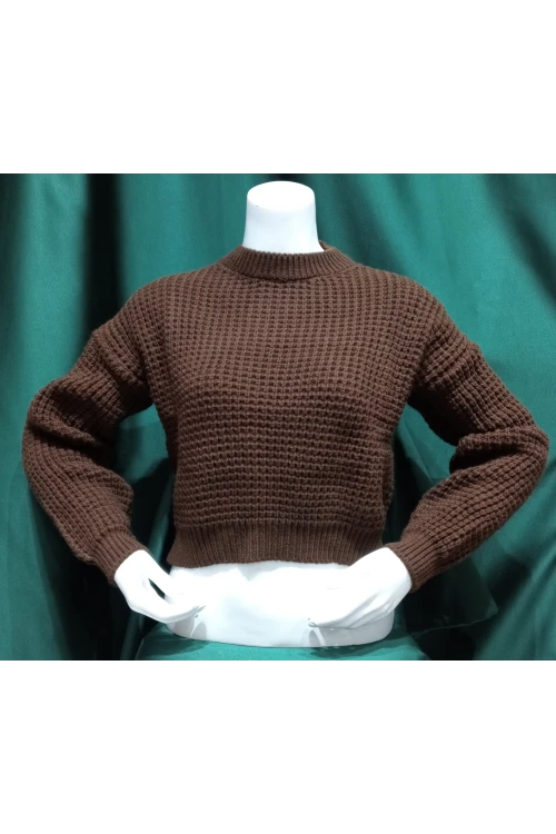 Kadın Kazak Bisiklet Yaka Tek Renk Örme Kazak Kahve - 225004