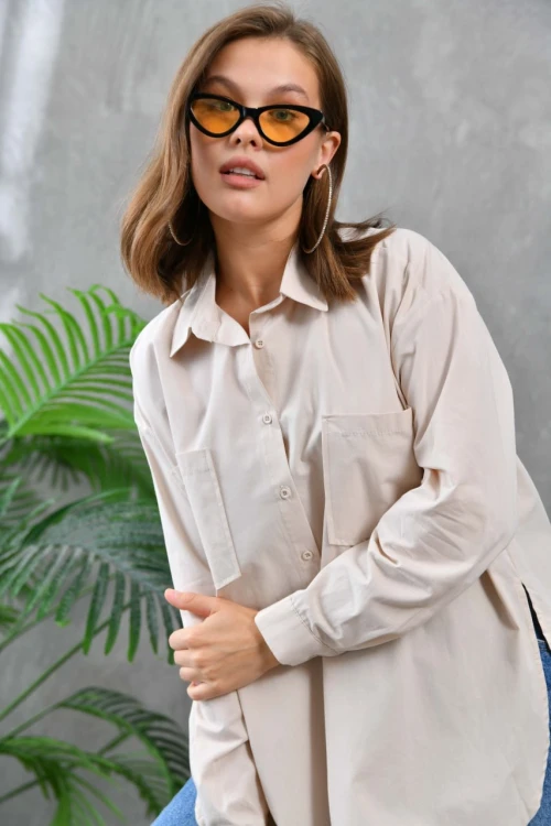 Kadın Gömlek Çift Cepli Uzun Kollu Gömlek Bej - 21012