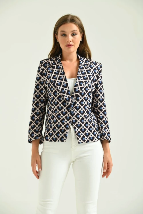 Kadın Blazer Desenli Bel Boy Blazer Ceket Bej - T027