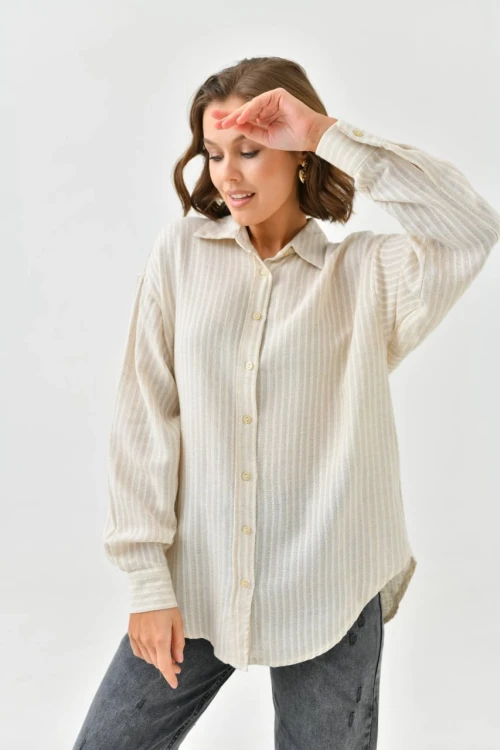 Kadın Gömlek Ön Arka Düğmeli Fosforlu Model Kadın Gömlek Bej-Sarı - 23065