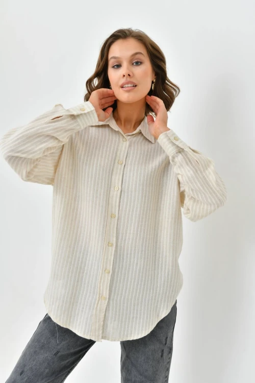 Kadın Gömlek Ön Arka Düğmeli Fosforlu Model Kadın Gömlek Bej-Sarı - 23065
