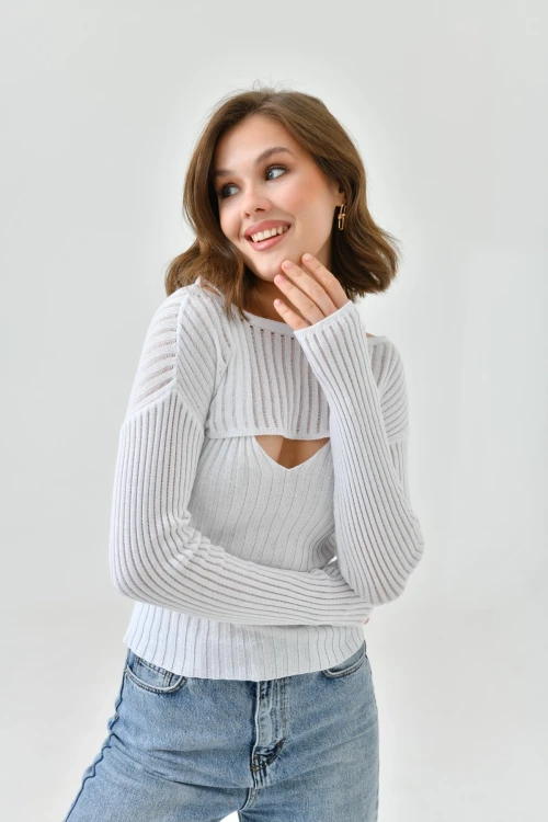 Kadın Beyaz Atletli Triko Bolero Takım