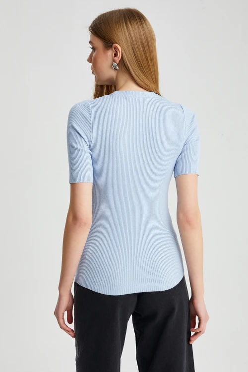 Kadın Bisiklet Yaka Kısa Kol Basic Triko Bluz