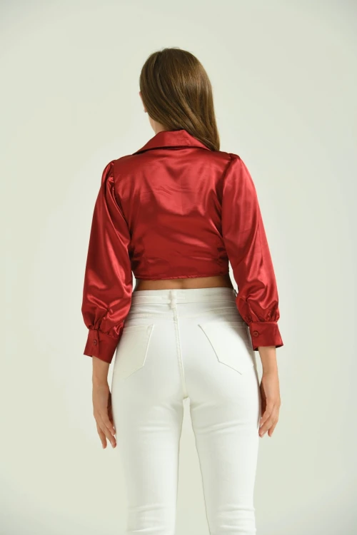 Kadın Saten Gömlek Önden Bağlamalı Vatkalı Crop Saten Gömlek Bordo - T092