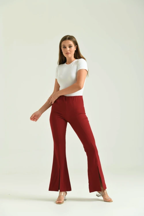 Kadın Pantolon  Paça Detaylı Toparlayıcı Yüksel Bel Kumaş Pantolon Bordo - T111