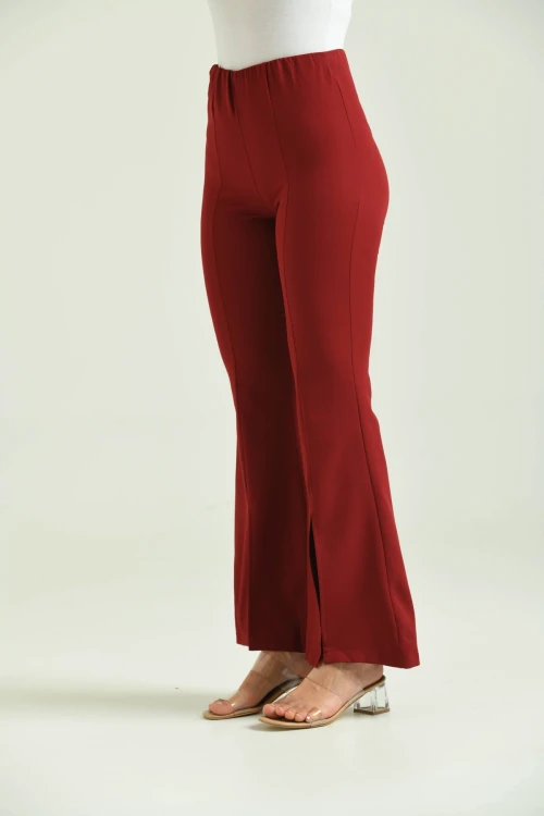 Kadın Pantolon  Paça Detaylı Toparlayıcı Yüksel Bel Kumaş Pantolon Bordo - T111