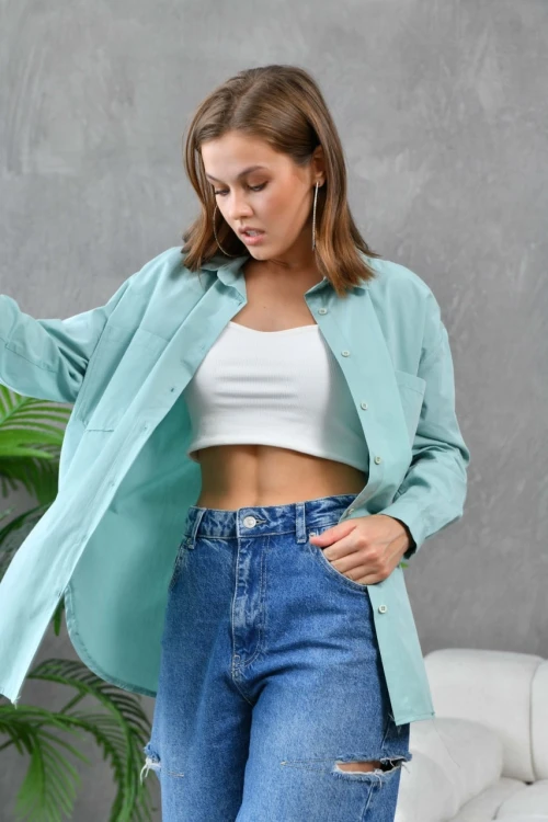 Kadın Gömlek Çift Cepli Uzun Kollu Gömlek Çağla Yeşili - 21012