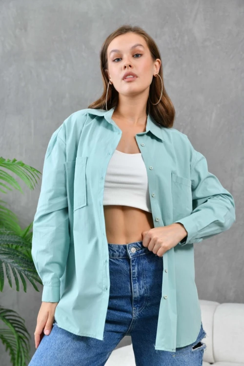 Kadın Gömlek Çift Cepli Uzun Kollu Gömlek Çağla Yeşili - 21012