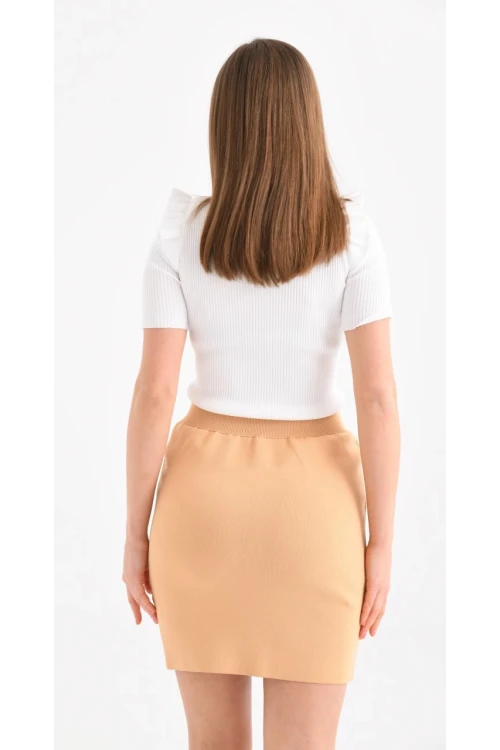 KADIN CAMEL BEL LASTİKLİ DÜĞMELİ VE YIRTMAÇLI MİNİ BOY DÜZ RENK ETEK
