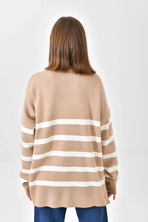 10300 KADIN CAMEL BİSİKLET YAKA ÇİZGİLİ ÇİFT RENK TRİKO KAZAK