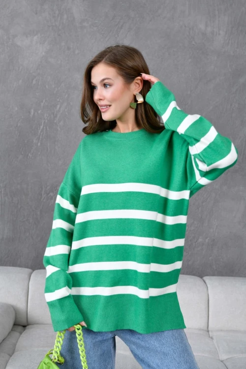 10300 KADIN B.YEŞİL BİSİKLET YAKA ÇİZGİLİ ÇİFT RENK TRİKO KAZAK