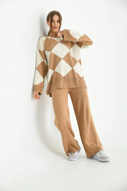 KADIN CAMEL DESENLİ PANTOLONLU TAKIM