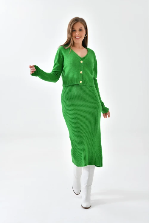 KADIN  İÇ ASKILI DIŞ CROP TARZ DÜĞMELİ CEKETLİ UZUN TRİKO ELBİSE