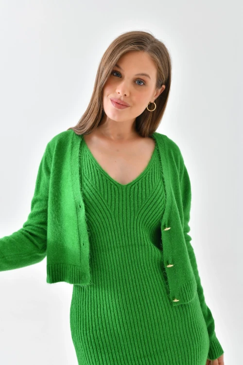 KADIN  İÇ ASKILI DIŞ CROP TARZ DÜĞMELİ CEKETLİ UZUN TRİKO ELBİSE