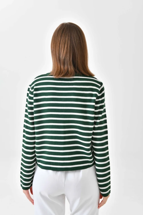 10334 KADIN ZÜMRÜT YAKASIZ CEP VE DÜĞME DETAYLI ÖRME CEKET