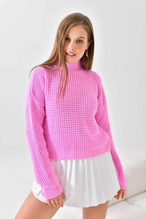 KADIN  DİK YAKA BEL KOL LASTİKLİ TRİKO KAZAK