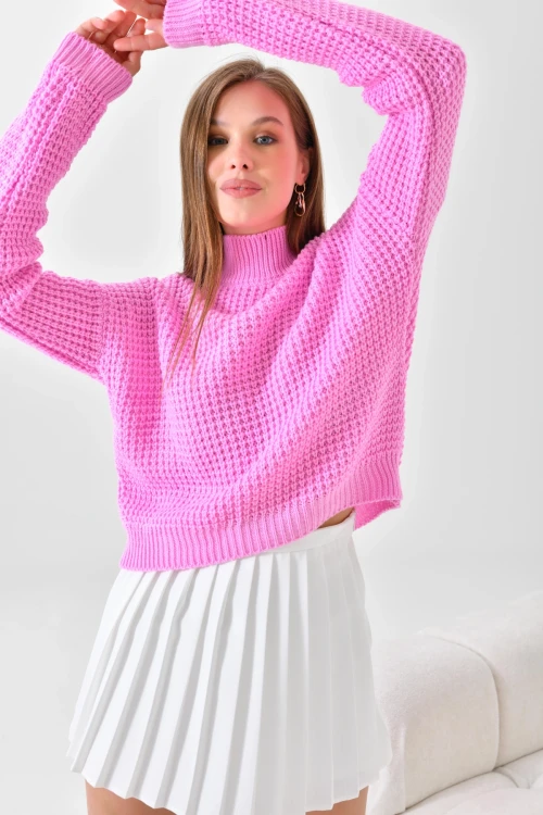 KADIN  DİK YAKA BEL KOL LASTİKLİ TRİKO KAZAK