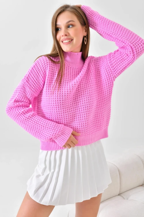 KADIN  DİK YAKA BEL KOL LASTİKLİ TRİKO KAZAK