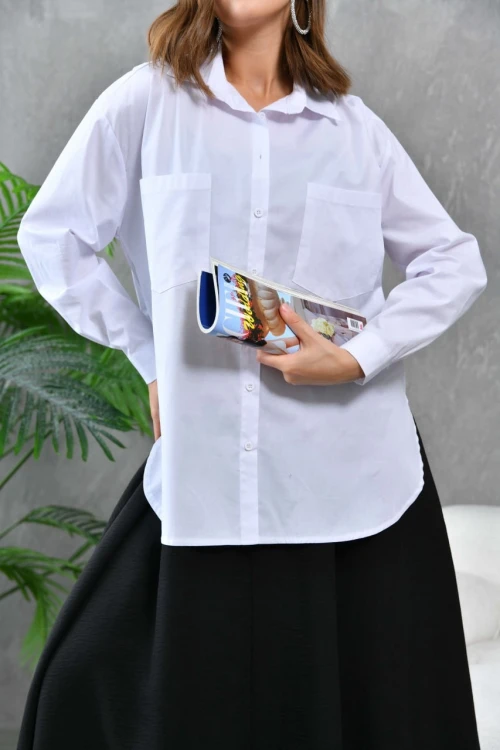 Kadın Gömlek Çift Cepli Uzun Kollu Gömlek Ekru- 21012