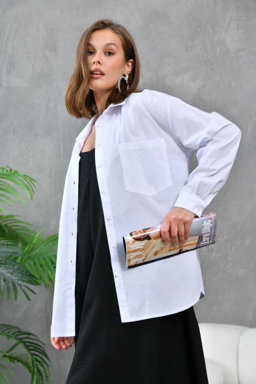 Kadın Gömlek Çift Cepli Uzun Kollu Gömlek Ekru- 21012